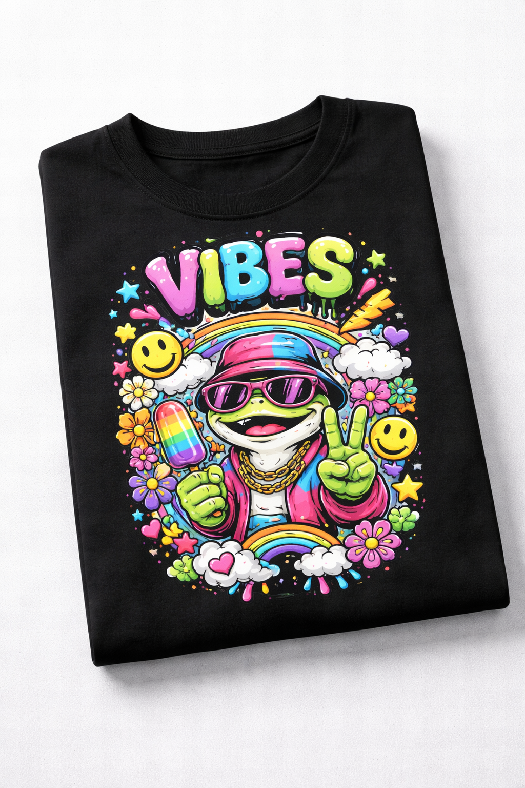 VIBES Only – Retro Rainbow Frog Graphic T-Shirt