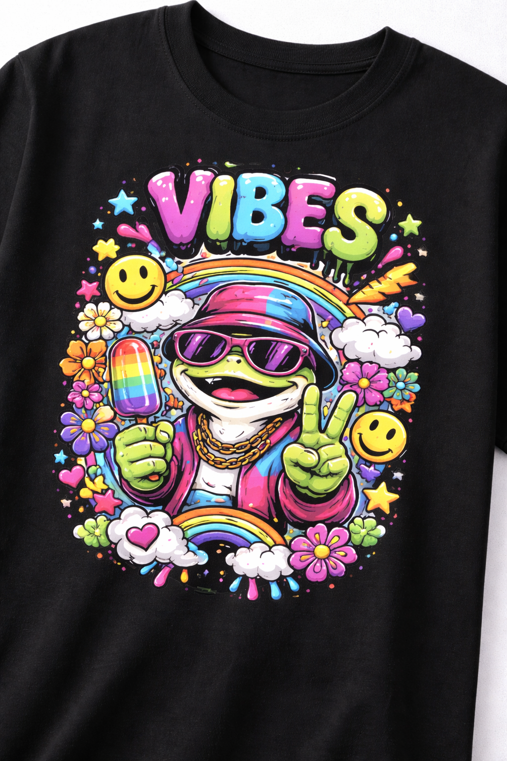 VIBES Only – Retro Rainbow Frog Graphic T-Shirt