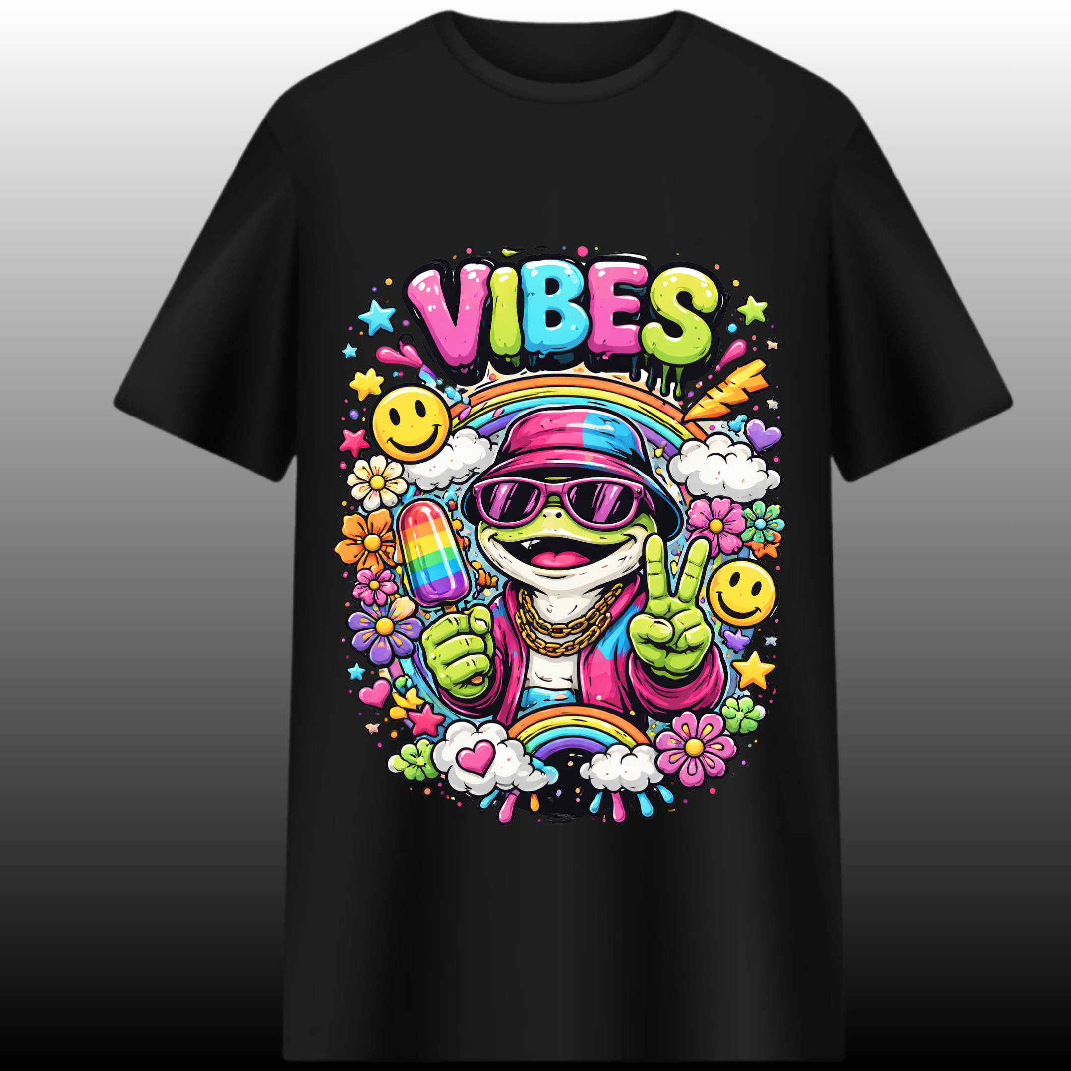 VIBES Only – Retro Rainbow Frog Graphic T-Shirt
