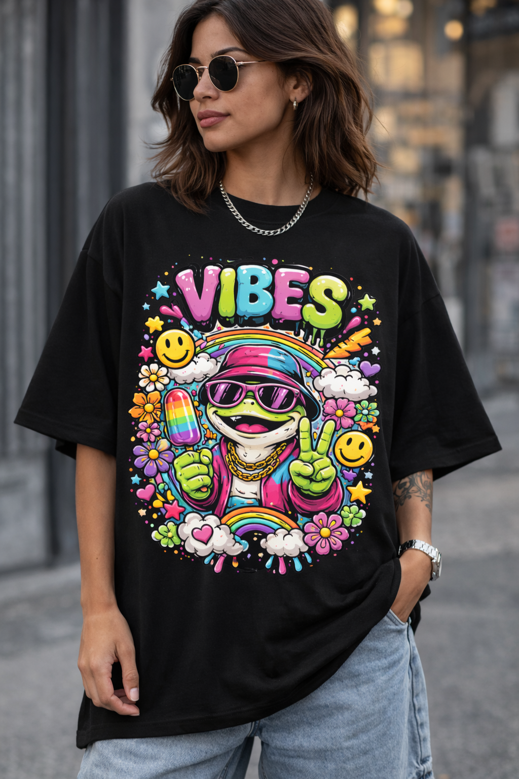 VIBES Only – Retro Rainbow Frog Graphic T-Shirt